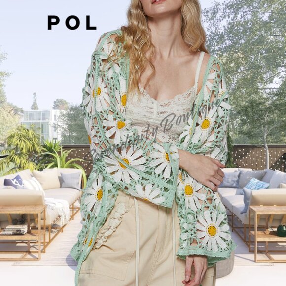 POL Tops - POL Mint Daisies Large Pattern Crochet Cut Out Open Front Shacket Cardigan Top